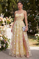 Light Yellow Cut Out Floral Ruched A Line Maxi Wedding Guest Dress