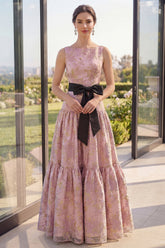 Blush A Line Ruffled Floral Brocade Wedding Guest Dress with Bow