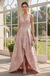 High Low Floral Blush A Line Brocade Wedding Guest Dress