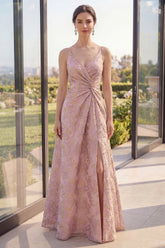 Floral Blush A Line Ruched Brocade Wedding Guest Dress
