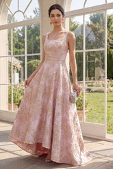 Floral Blush A Line High Low Brocade Wedding Guest Dress
