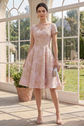 A Line Floral Blush Brocade Wedding Guest Dress with Short Sleeves