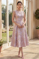 A Line Floral Dusty Lilac Brocade Midi Wedding Guest Dress