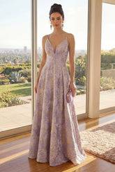 Floral A Line Brocade Dusty Lilac Maxi Wedding Guest Dress