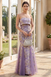 Strapless Mermaid Floral Brocade Dusty Lilac Maxi Wedding Guest Dress