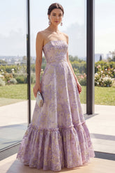 Strapless Floral Ruffled Dusty Lilac A Line Maxi Wedding Guest Dress
