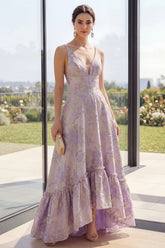 High Low Floral Ruffled Dusty Lilac A Line Wedding Guest Dress