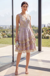 Floral Ruffled Dusty Lilac A Line Wedding Guest Dress with Lace