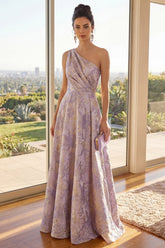 One Shoulder Ruched Floral Dusty Lilac A Line Maxi Wedding Guest Dress
