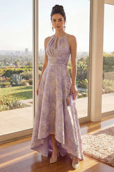 Halter Ruched High Low Floral Dusty Lilac Cut Out Wedding Guest Dress