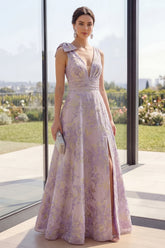 Floral Dusty Lilac A Line Ruched Bowed Wedding Guest Dress with Slit