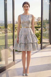 Tiered Floral Dusty Blue A Line Wedding Guest Dress with Belt
