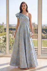 One Shoulder Dusty Blue Floral A Line Brocade Wedding Guest Dress