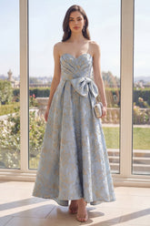 Strapless Dusty Blue Floral A Line Ruched Wedding Guest Dress with Bow