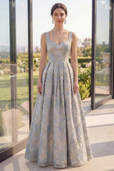 Dusty Blue Floral A Line Pleated Maxi Wedding Guest Dress