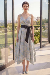 Dusty Blue Floral A Line Ruched Midi Wedding Guest Dress with Bow