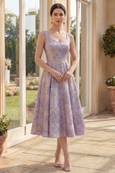 A Line Floral Brocade Dusty Lilac Midi Wedding Guest Dress