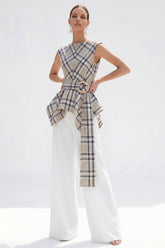 2 Piece Bateau Neck Grey Grid Women's Linen Suits with Belt