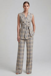 Grey Grid 2 Piece Peaked Lapel Women's Linen Suits with Pockets