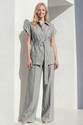 2 Piece Grey Short Sleeve Women's Linen Suits with Belt