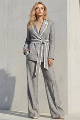 Peaked Lapel 2 Piece Grey Plaid Women's Linen Suits with Sash