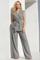 Stripe Peaked Lapel 2 Piece Grey Women's Linen Suits with Sash