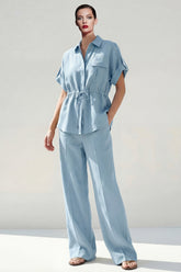Blue 2 Piece Short Sleeve Women's Linen Suits