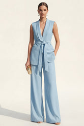 Blue 2 Piece Shawl Lapel Sleeveless Women's Linen Suits with Sash