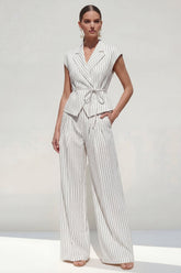Notched Lapel White 2 Piece Stripe Women's Linen Suits