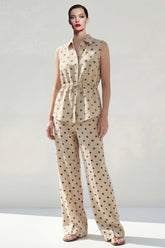 2 Piece Khaki Polka Dot Sleeveless Women's Linen Suits