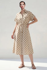 Polka Dot A Line Khaki Midi Work Dress with Short Sleeves