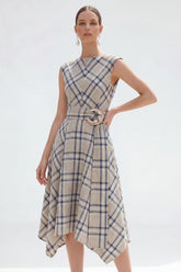 Plaid A Line Grey Grid Bateau Neck Midi Work Dress