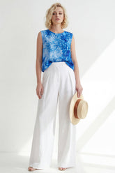 2 Piece Blue Printed Sleeveless Women's Linen Suits