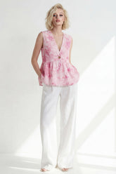 Pink 2 Piece Printed Sleeveless Women's Linen Suits