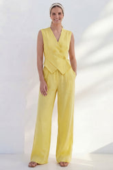 Yellow 2 Piece V Neck Sleeveless Women's Linen Suits