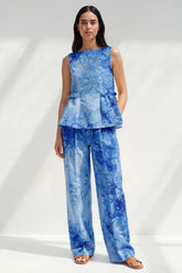 2 Piece Blue Bateau Neck Printed Women's Linen Suits