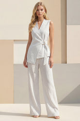 Sleeveless White 2 Piece Stripe Women's Linen Suits