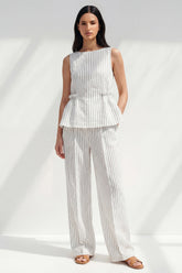 Stripe White 2 Piece Ruffled Women's Linen Suits