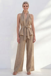 Khaki Halter 2 Piece Women's Linen Suits with Sash