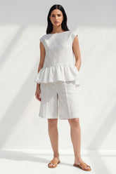 White Stripe 2 Piece Women's Linen Suits with Ruffles