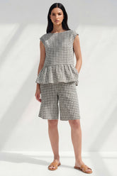 Plaid BLack White Grid 2 Piece Women's Linen Suits with Ruffles