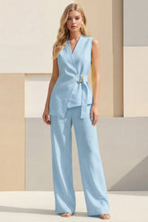 2 Piece Blue Women's Linen Suits with Sash