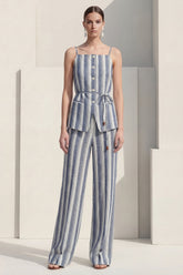 Stripe Dusty Blue 2 Piece Women's Linen Suits with Sash