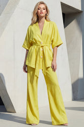 Yellow 2 Piece Half Sleeve Women's Linen Suits with Sash