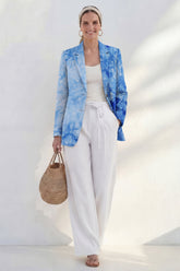 Blue 2 Piece Notched Lapel Printed Women's Linen Suits