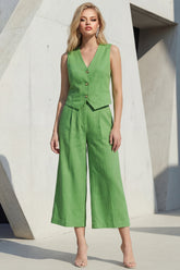 Green 2 Piece Sleeveless V Neck Women's Linen Suits