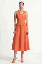A Line Orange V Neck Sleeveless Midi Work Dress