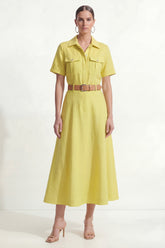 Yellow A Line Short Sleeve Midi Work Dress with Belt