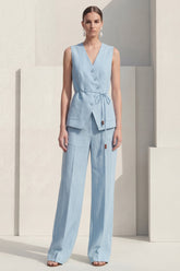 Blue 2 Piece Sleeveless Women's Linen Suits with Pockets