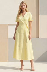 Short Sleeve Light Yellow A Line Midi Work Dress with Belt